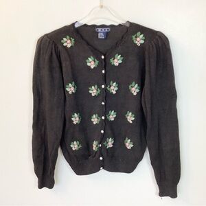 Vintage OHI Embroidered Floral Cotton/Ramie Cardigan Sweater - Faded Black - S
